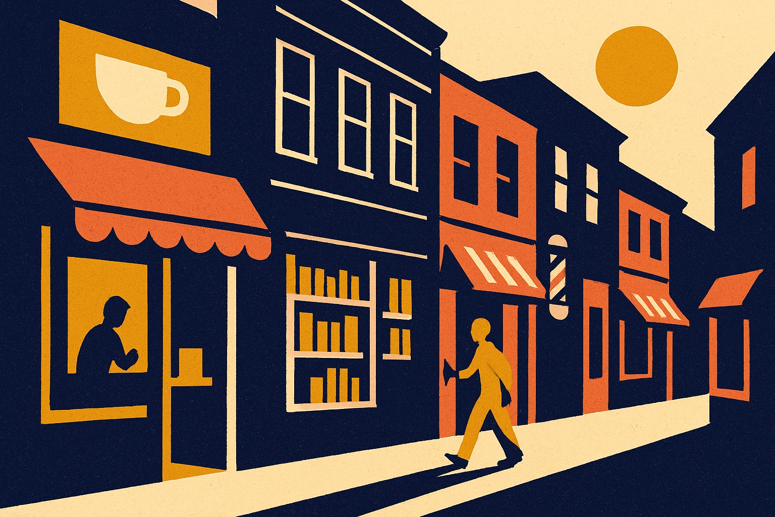 Illustration of a downtown street of independent storefronts