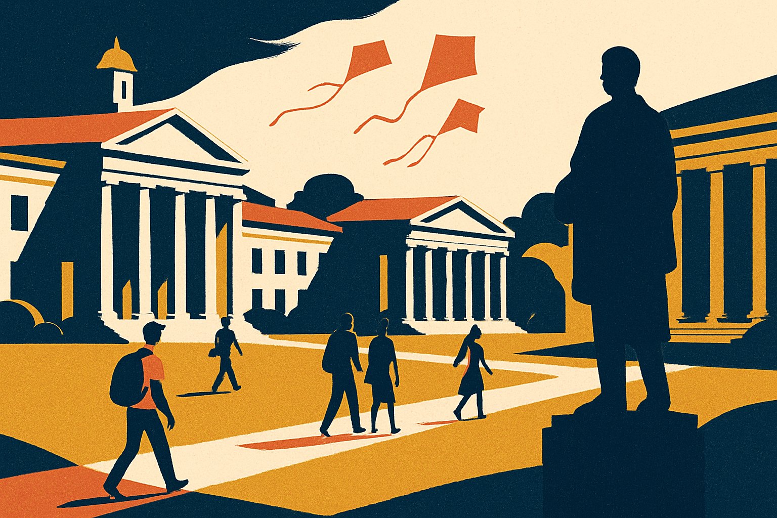 Illustration of a grand university quad with students crossing wide lawns