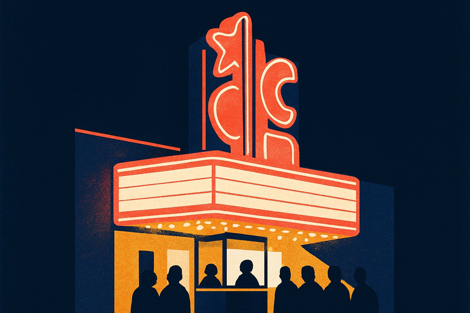 Illustration of a vintage theatre marquee at night