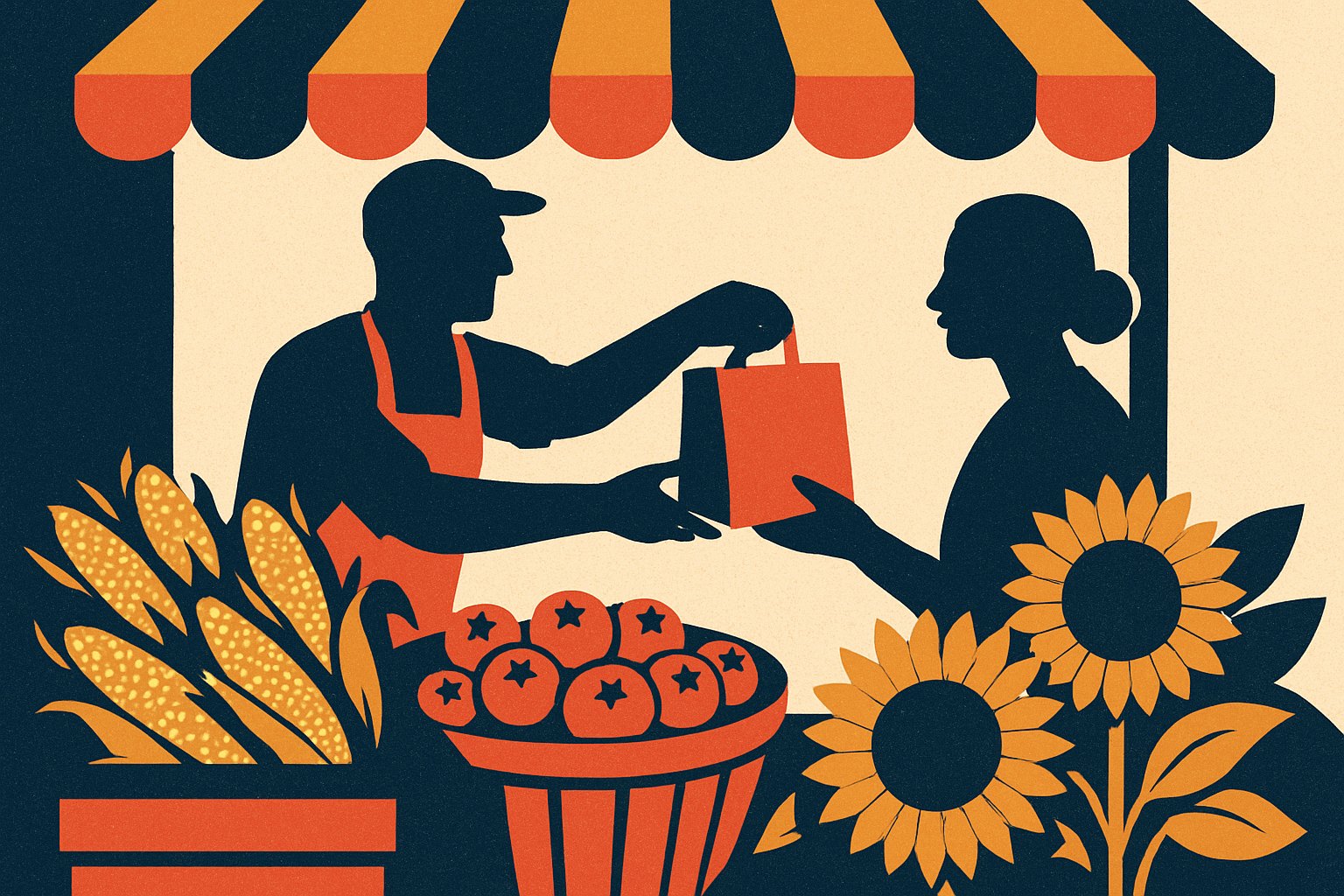Illustration of a farmers market stall overflowing with produce
