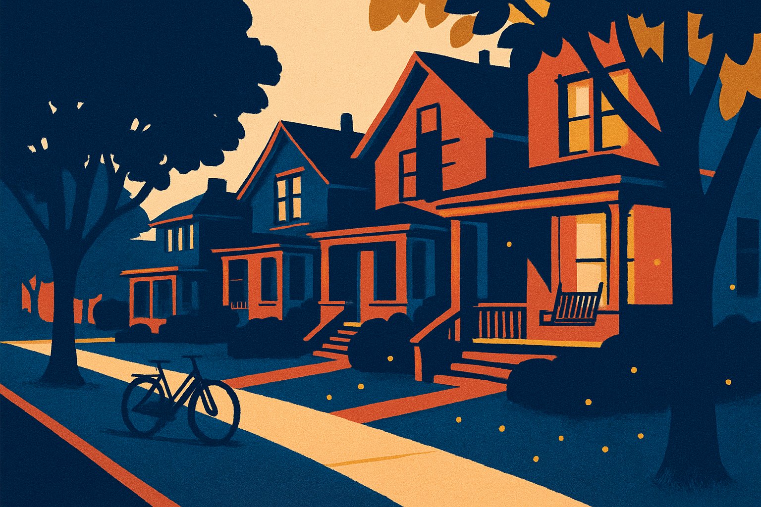Illustration of a tree-lined block of midwestern homes at golden hour