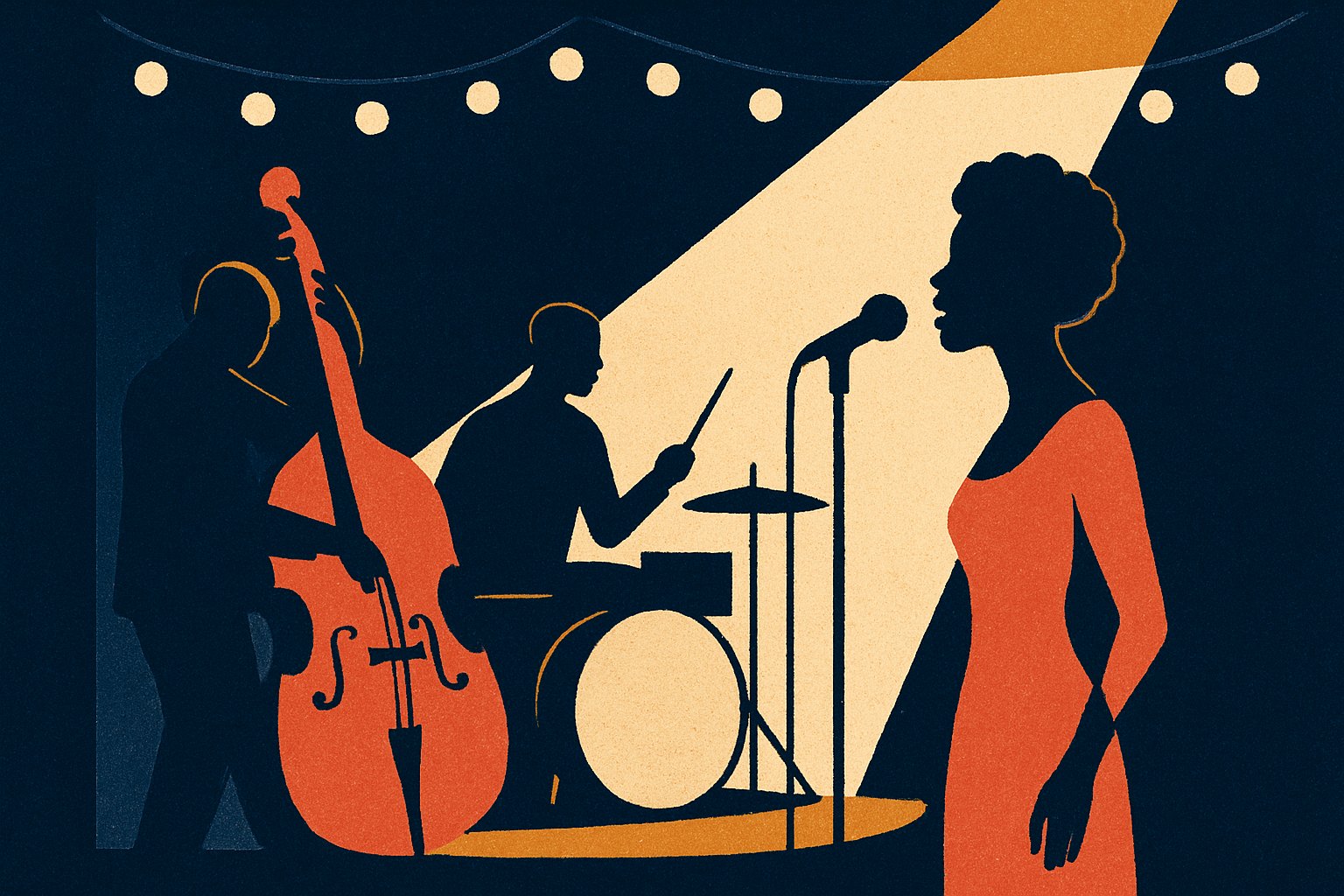 Illustration of a small club stage with silhouetted musicians under one spotlight