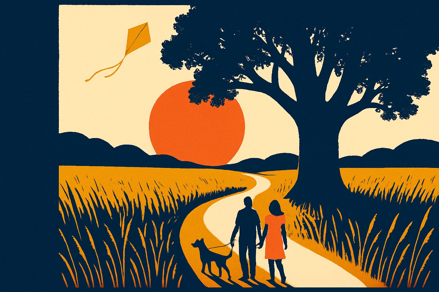 Illustration of a tallgrass prairie park at sunset with a winding path