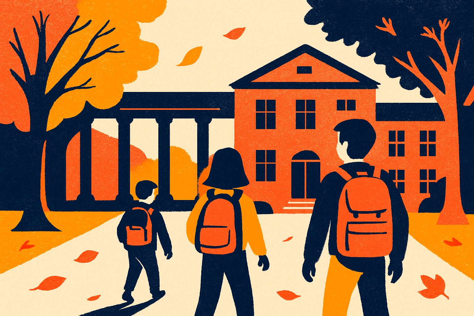 Illustration of students walking toward a brick school with a collegiate colonnade behind