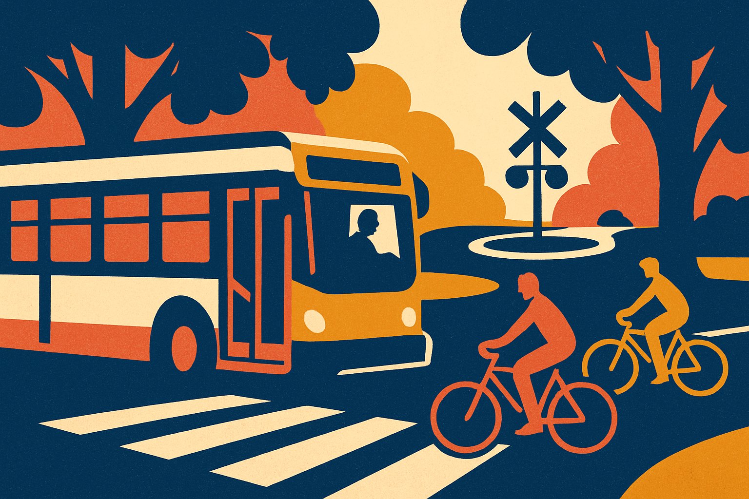 Illustration of a city bus and cyclists at a leafy intersection